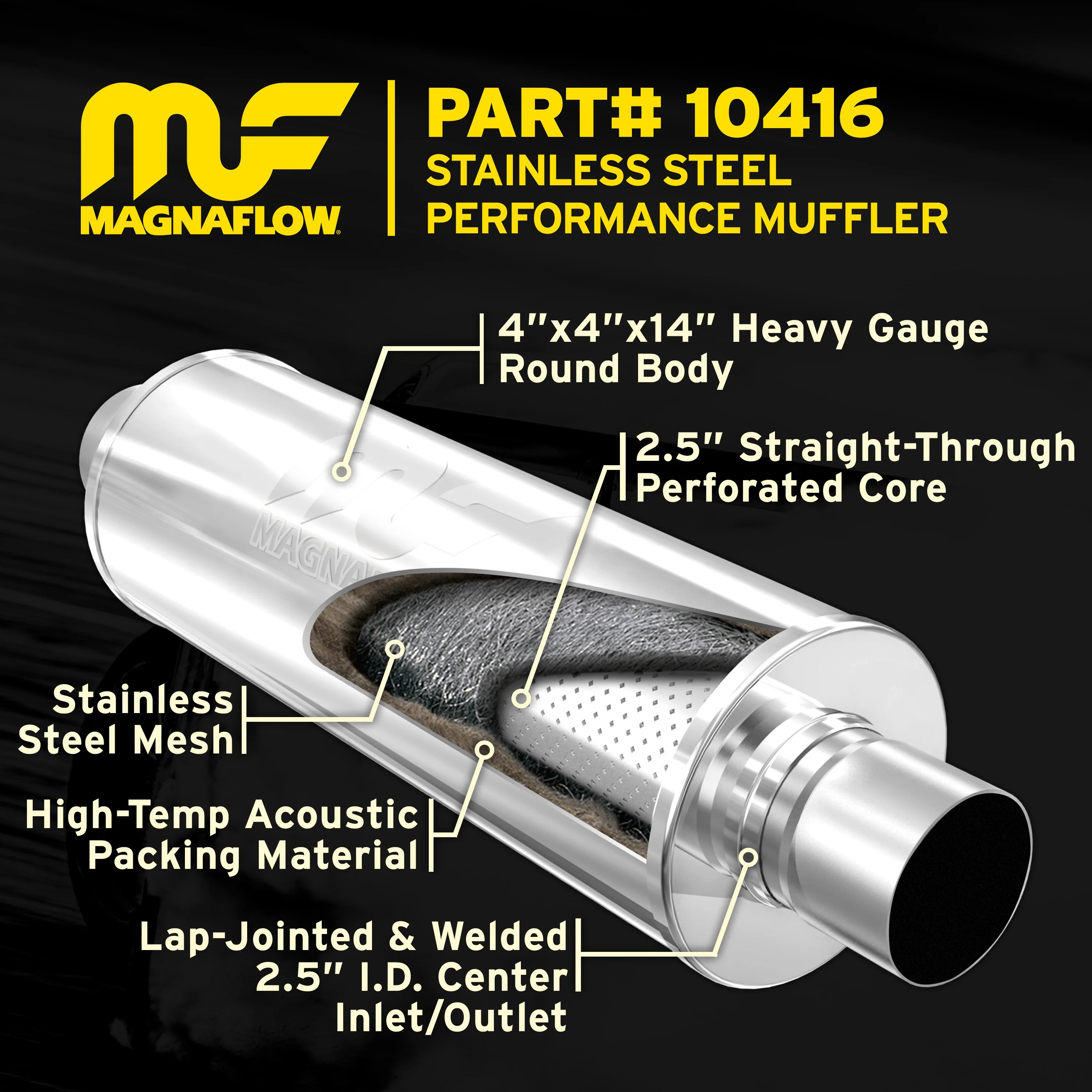 MagnaFlow 4 in. x 14 in. Round Straight-Through Performance Exhaust Muffler 10416 - Image 6